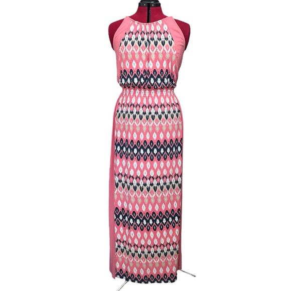 New York & Company High Neck Maxi Dress in Pink Geometric Pattern S/M - Picture 1 of 10
